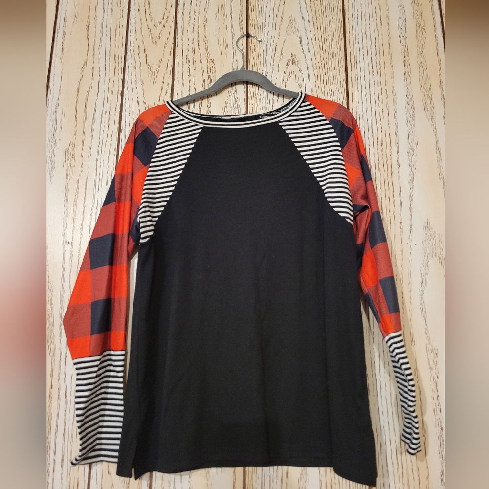 Black Top with Red Plaid and Striped Sleeves